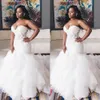 2023 Sexy African Mermaid Wedding Dresses Sweetheart Illusion Lace Appliques Crystal Beaded Ruffles Tiered Organza Formal Bridal Gowns