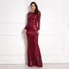 Burgundy Long Sleeve Suprined Maxi DressボディコンOネック全長ストレッチ秋冬ロングイブニングパーティードレスブラックゴールド201028