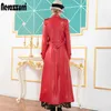 Nerazzurri Red Long Leather Trench Coat för kvinnor Långärmad Sashes Lapel Maxi Mjukt regnrock Kvinnor Brittiska stil Läderrockar 201226