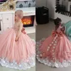 New Lovely Pink Puffy Pageant Dresses One Shoulder White Lace Hand Made Flowers Beaded Sleeveless Kids Flower Girls Birthday Gowns 403