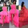 2023 Fuchsia High Low Cocktail Dresses Strapless Party Dress With Sash Tiered Cake Skirts Tulle Celebrity Dresses Prom Evening Gowns