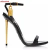 2022 Mulher sandálias estilo nome marca celebridade metálico tornozelo-bloqueio ouro stiletto calcanhar sapatos cadeado saltos altos 220222