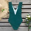 2020 Sexy Green Teal Plunging Solid Swimwear Women 1pc Swimsuit Ruffle Ruched Monokini Girl Beach Wear Bathing Suits S XXL T200708