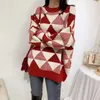 Frauen-Winter-roter und weißen Pullover und Pullover Oneck Geometric Knit Jumper lange Hülsen-Patchwork Maxi-Knit Tops