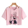Verão rosa anime t-shirt letra t shirt cópia tubo de impressão mulheres soltas harajuku colheita tops de manga curta vintage tee punk