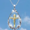 2021 Mode Chic Gold Silber Zwei Ton Kreuz Religiöse Jesus Anhänger Kristall Drop Kreuz Halskette Für Männer Frauen