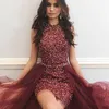 Sparkly lovertjes korte prom jurken met afneembare trein juweel nek kralen feestjurk tule kristallen schede bordeaux avondjurken