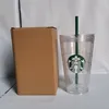 30 piece Starbucks 24OZ/16oz Double plastic tumbler Bottom Cup Goddess Gift Lid reusable transparent drinking flat tumblers straw
