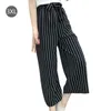 Estate New Striped Style Nero Allentato a vita alta Crop Pantaloni casual Donna One Size Chiffon Pantaloni a gamba larga Plus Size 201109