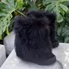 Prawdziwe zdjęcia Bushy Black Wool Futro Buty śniegowe Kobieta Wewnętrzna Wysokość Zwiększona ukryta klina Heel Guma Guma Sole Futro Slip Slip On Ciepłe Pluszowe Zimowe Botki