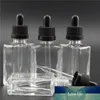 Bouteilles carrées transparentes de 30 ml contenant d'huile essentielle liquide de jus E épais compte-gouttes de 1 oz avec couvercles blancs noirs