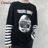 Harajuku Kadın T-Shirts Sonbahar Kadınlar Uzun Kollu T-Shirt Sıradan Mektup Baskılı Patchwork Stripe Üst Boy Boy Siyah Sokak Giyim 220307