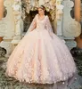 かわいいPrincesa 3D花パールの取り外し可能なケープワトーブラッシュピンクメキシコの甘い16 Quinceanera Dress Ball Gown 2021 Spring新しい到着