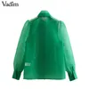 Vadim Women Green Organza Blouse Lantern Sleeve Bow Tie Collar Stylish Female Casual Shirt Long Sleeve Solid Tops Blusas La898 Y200930