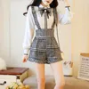 Sweet Bow Pearl Chiffon White Blouse Shirt+Plaid Wool Suspender Short Set 2 Piece Outfits For Women Summer Top Wide Leg Pant Set T200701