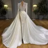 Luxe parels lange mouwen trouwjurken diep v nek een lijn hoge split bridal jurken plus size sweep trein satijnen gewaad de mariée