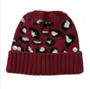 Women Pompom Beanie Leopard Knitted Hat with Button Detachable Knitted Ponytail Hat Back Opening Woolen Warm Hat Sea Shipping LSK1781