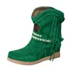 Stivali bohémien invernali Scarpe basse da donna Scarpe con fondo spesso Stivaletti Punta tonda Stivaletti con fondo spesso con frange retrò Verde 35-431