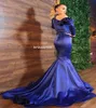 Elegancki Royal Blue Długim Rękawem Prom Dresses Zroszony Wysoka Neck Satyna Syrenka Suknia Wieczorowa 2022 Z Train Dopasowany Kobiety Korowód Formalna okazja Sukienka Plus Rozmiar