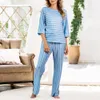 Women Casual Two-Piece Sets 2020 Autumn Spring Ladies 3/4 Sleeves Tops&Long Pants Elegant O-Neck Striped Leisure Suit Pus Size1