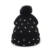Beanie Skull Caps Women Punk Rivet Winter Hat Black Big Pom Fashion Sticked Wool Thick Warm Ladies259u