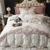 Luxury White Pink Red 100S Egyptian Cotton Flowers Embroidery European Palace Bedding Set Duvet Cover Bed sheet/Linen Pillowcase 201021