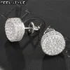 Hip Hop 1Pair Micro pełny utwardzony okrągły cyrkon CZ Stone Bling Iced Out Kolczyki na stadninę miedziane kolczyki dla mężczyzn biżuteria 220125