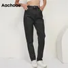 Aachoae Mode 100% coton Mom Jeans Femmes Taille haute Poches solides Cowboy Pantalon Zipper Fly Long Denim Crayon Pantalon 201223