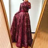 Bling Burgundy Sequined Prom Dresses 2023 High Neck Long Sleeves Muslim Arabic Women Formal Evening Gowns Sweep Train Celebrity Party Dress