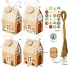 96PCSSet Kerstmis huis vorm snoepcadeau -dozen met kraft papieren tag en sticker kerstdecoratie voor home cadeauverpakking tas 201027