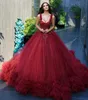 Red Wedding Dresses A Line Square Neck Full Tulle Lace Applique vestido de novia with Bow Sweep Train Bridal Gowns Robe