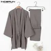 Heren nachtkleding Mannen Kimono Set Homewear Japanse stijl Solid Color Katoen Tops en Broek Pyjama Losse Casual Comfy L-5XL