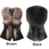 Women Faux Fur Leather Patchwork Vest Jacket Sleeveless Back Bowknot Decor Coat Outerwear Winter Autumn Warm Waistcoat Gilet Top 211220