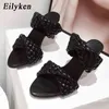 Kapcie Eiluken Moda Kobieta Handmade Wyplata Dzianiny Lady Crossover Otwórz Toe Cienkie Obcasy Party Sandals White Black Blue Rozmiar 42220308