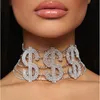 Girocolli Segno del dollaro Lettera brillante Girocollo Forcine per capelli Strass di cristallo Collana con nastro d'oro Hip Hop Gotico Collier Femme1