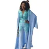 Afrika Mavi Abiye Tulum Wrap Cape Ile Dantel Aplike Artı Boyutu Kadın Kıyafet Balo Abiye Pantolon Suit Robe De