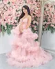 Sexy Pink Maternity Gown Tulle Floor Length Dresses V Neck Train Photo Shoot Pregant Women Party Prom Gowns