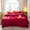 Solid Färg Ruffled Vit Duvet Cover Bed Sheet Pillowcase Queen Twin King Washed Microfiber 3 / 4PCS sängkläder Sätt Soft Andas C0223