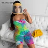 Women Sexy Summer Tie Dye Jumpsuits Sleeveless Skinny 2020 Crop Top Bodysuit Shorts 1pc Rompers Sports Fitness Outfits T200704