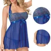 Febelle Women Plus Size Blue Sexy Lingerie Female Floral Lace Dress Ladies Babydoll Nightwear See Through Sleepwear