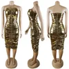 Women PU Leather Gold Ruched Bandeau Dress Shiny Off Shoulder Strapless Bodycon Bandage Dress Metallic Midi Party Club