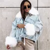 Frauen Pelz Kragen Denim Jacken Mode-Trend Langarm Spleißen Verdicken Jean Mäntel Weibliche Winter Neue Fleece Lose Beiläufige Oberbekleidung