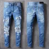 Jeans da uomo 2021 Biker strappato con foro patchwork pieghettato blu per moto Pantaloni in denim elasticizzato skinny attillati casual1