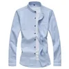 Calrtyasa Chinese Style Pure Color Oxford Shird Men Fashion CasuareMandarin Collar Leng Sleeve Shirt Social Man Denim Blue186Q