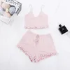 Suphis Frill Ribbed Sexy Nightwear V Neck Knit Pyjamas Femme D'été Camis Crop Tops Shorts Élastiques Femmes Solide Casual Home Costumes Y200708