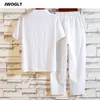 Camisa pantalones 2020 moda de verano hombres blanco algodón lino camisas de manga corta hombre chándal conjunto 2 piezas ropa casual lj201126