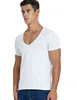 Deep V Neck T-shirt för män Lågskuren Scoop Neck Top Tees Drop Tail Short Sleeve Man Bomull Casual Style G1222