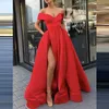 Av axel satin kväll klänningar lång sexig hög slit kväll klänning elegant midja prom klänning robe de soiree