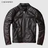 CARANFIER Männer Echte Kuh Leder Jacke Mode Stehen Kragen Motorrad Biker Jacke Pflanzlich Gegerbtem Ziegenleder Winter Mantel C1021