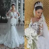 Luxo Bling Branco Sereia Vestidos de Noiva 2021 Arábia Saudita Ver através de Longa Manga Lace Princesa Boho vestido de noiva frisado Robe de Mariee